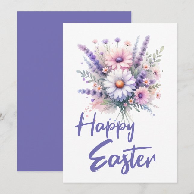 Happy Easter watercolor Spring Flower Bouquet  Holiday Card (Front/Back)