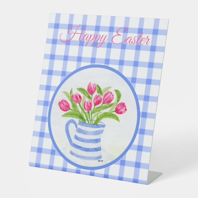 Happy Easter Watercolor Tulips Blue Chech Pedestal Sign (Front)