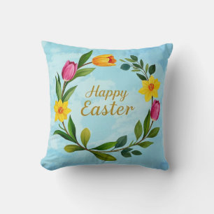 Happy Easter Watercolor wreath of tulips Throw Pillow