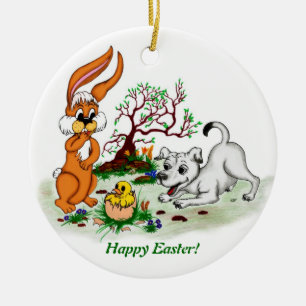 Happy Easter! Welpe, Küken, Hase Ceramic Ornament