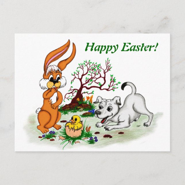 Happy Easter! Welpe, Küken, Hase Holiday Postcard (Front)