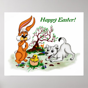 Happy Easter! Welpe, Küken, Hase Poster