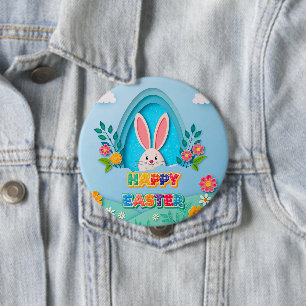 Happy Easter   Whimsical Easter Bunny and Floral 4 Inch Round Button