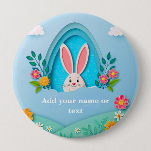 Happy Easter   Whimsical Easter Bunny and Floral B 4 Inch Round Button