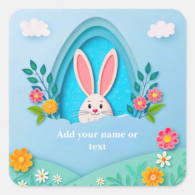 Happy Easter | Whimsical Easter Bunny and Floral Square Sticker (Front)