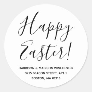 Happy Easter white black script return address Classic Round Sticker