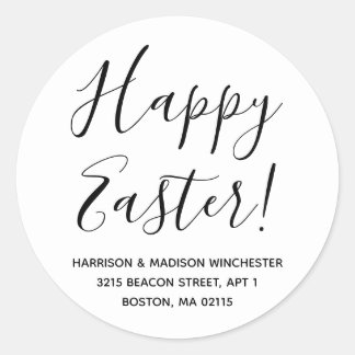 Happy Easter white black script return address Classic Round Sticker