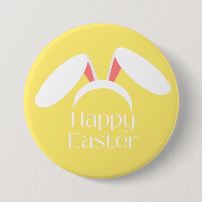Happy Easter white bunny ears yellow 3 Inch Round Button (Front)