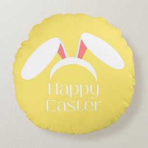 Happy Easter white bunny ears yellow Round Pillow