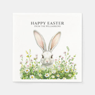 Happy Easter White Bunny Florals Personalized Napkin