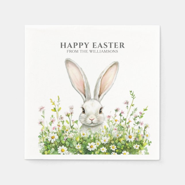 Happy Easter White Bunny Florals Personalized Napkin (Front)