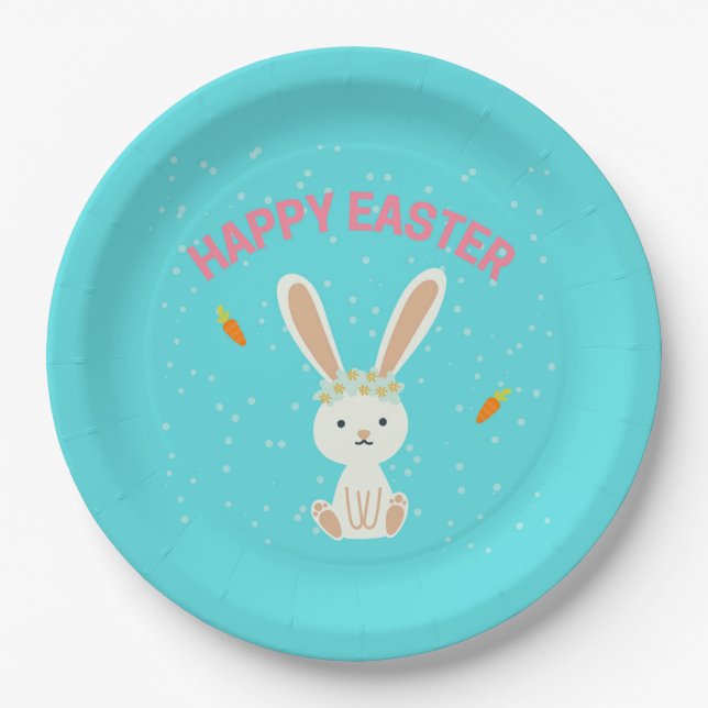 Happy Easter white bunny on blue Paper Plate (Front)