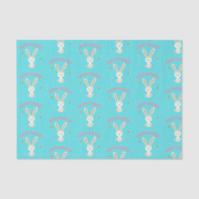 Happy Easter white bunny on blue Tissue Paper (Front)