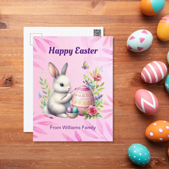 Happy Easter, White Bunny Painting an Easter egg Holiday Postcard (Creator Uploaded)