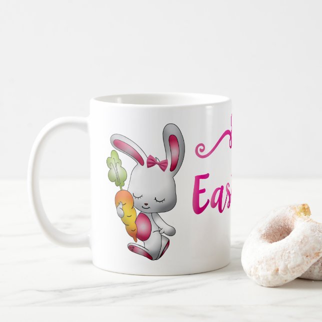 Happy Easter White Bunny Pink Script Personalized Coffee Mug (With Donut)