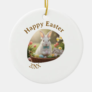 Happy Easter white bunny year photo family name  Ceramic Ornament