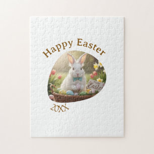 Happy Easter white bunny year photo family name  Jigsaw Puzzle