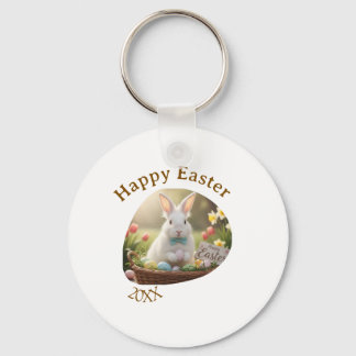 Happy Easter white bunny year photo family name  Keychain