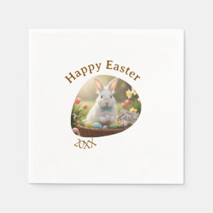 Happy Easter white bunny year photo family name  Napkin