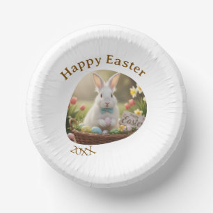 Happy Easter white bunny year photo family name  Paper Plate