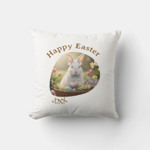 Happy Easter white bunny year photo family name Throw Pillow