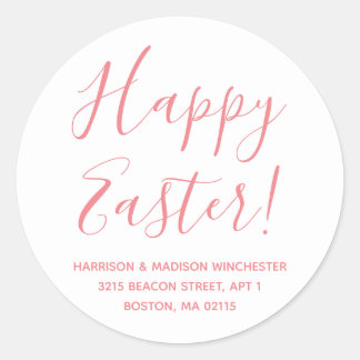 Happy Easter white coral script return address Classic Round Sticker