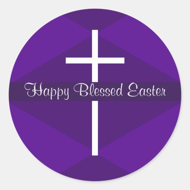 Happy Easter White Cross Purple Christian Classic Round Sticker (Front)