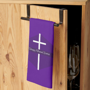 Happy Easter White Cross Purple Christian Kitchen Towel