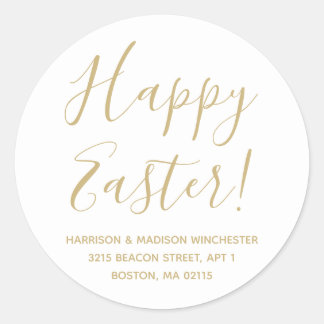 Happy Easter white gold script return address Classic Round Sticker