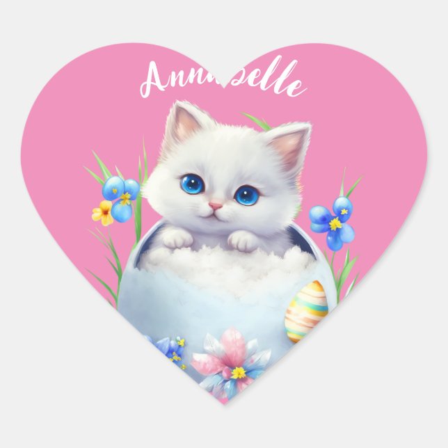 Happy Easter White Kitten with Flowers    Heart Sticker (Front)
