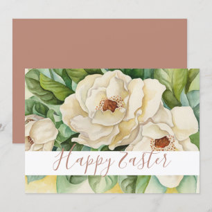 Happy Easter White Magnolia Rose Gold Text Floral Holiday Card
