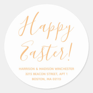 Happy Easter white orange script return address Classic Round Sticker