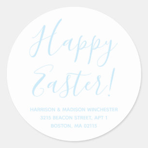 Happy Easter white pale blue script return address Classic Round Sticker