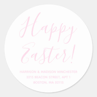 Happy Easter white pink script return address Classic Round Sticker
