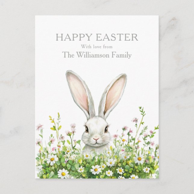 Happy Easter White Rabbit Florals Personalized Holiday Postcard (Front)