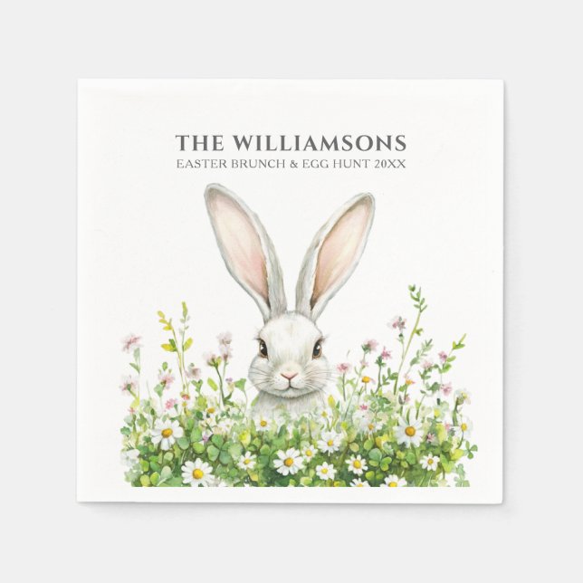 Happy Easter White Rabbit Florals Personalized Napkin (Front)