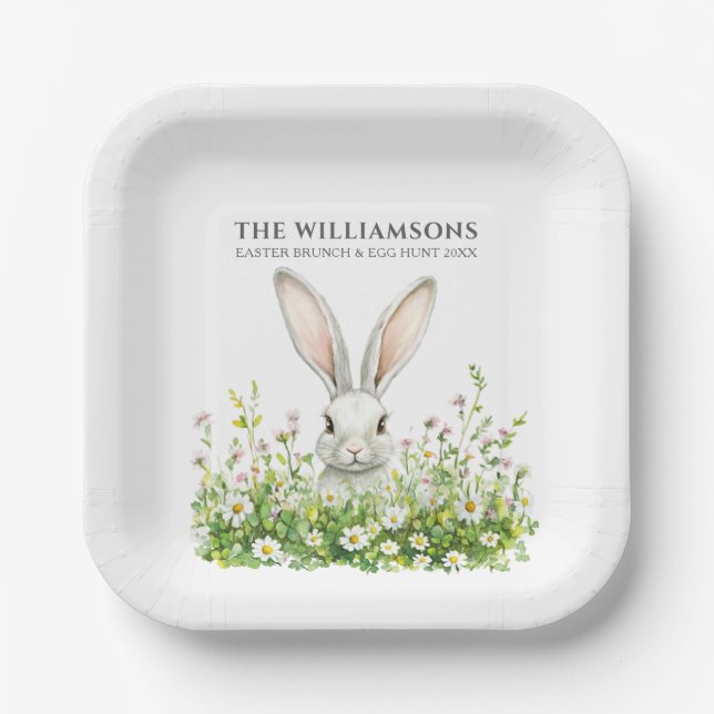 Happy Easter White Rabbit Florals Personalized Paper Plate (Front)