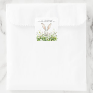 Happy Easter White Rabbit Florals Personalized Square Sticker