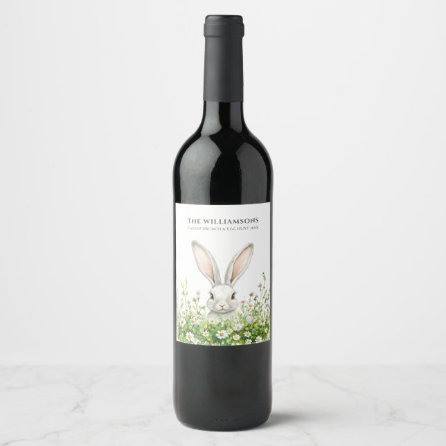 Happy Easter White Rabbit Florals Personalized Wine Label (Front)