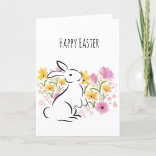 Happy Easter White Rabbit Flowers Blank Card