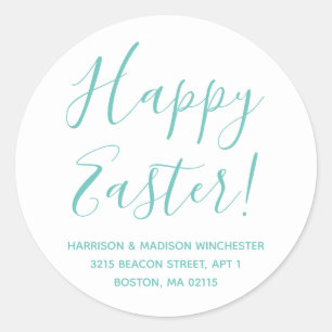 Happy Easter white teal script return address Classic Round Sticker