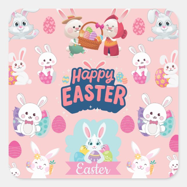 Happy Easter Wishes - Pattern Funny Bunny Easter Square Sticker (Front)