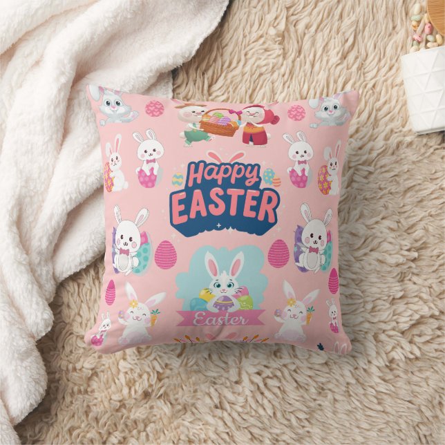 Happy Easter Wishes - Pattern Funny Bunny Easter   Throw Pillow (Blanket)