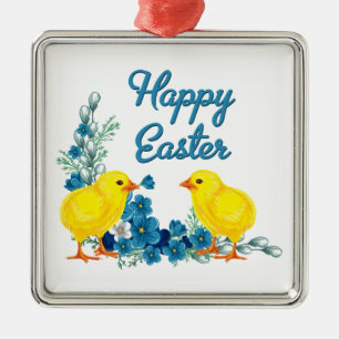 Happy Easter With Baby Chicks Metal Ornament