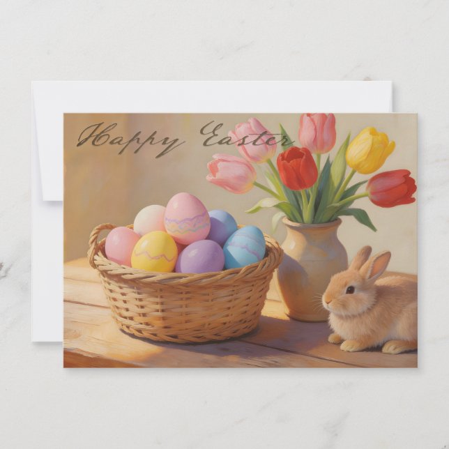 Happy Easter with Colourful Eggs and Tulips (Front)