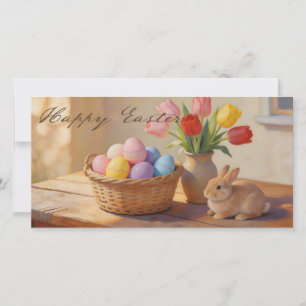 Happy Easter with Colourful Eggs and Tulips