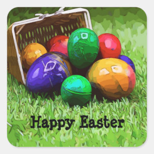 Happy Easter with colourful eggs in basket on gree Square Sticker