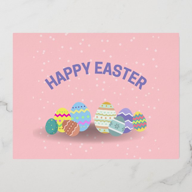 Happy Easter with colourful eggs pink Foil Holiday Postcard (Front)