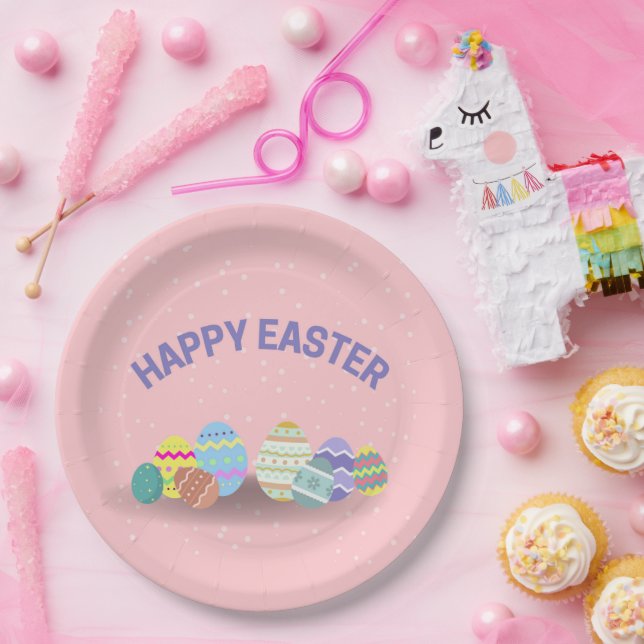 Happy Easter with colourful eggs pink Paper Plate (Party)