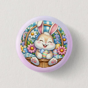 Happy Easter With Cute Bunny, Eggs, and Floral 1 Inch Round Button
